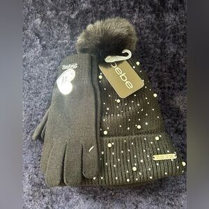 Black Bebe pearl hat & glove set